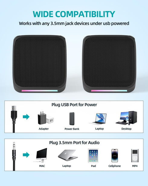 Computer Speakers for Desktop PC, USB Powered Small Speakers, 3.5mm Aux for Laptop, Tablet, Phone