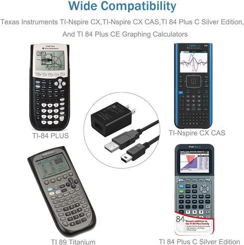 Universal Texas Instruments TI-84 Plus CE Graphing Calculator Power Cord,5Ft Data Cable for TI 84 Plus C Silver Edition Calculator,TI 89 Titanium,TI Nspire CX/TI Nspire CX CAS Graphing Calculator