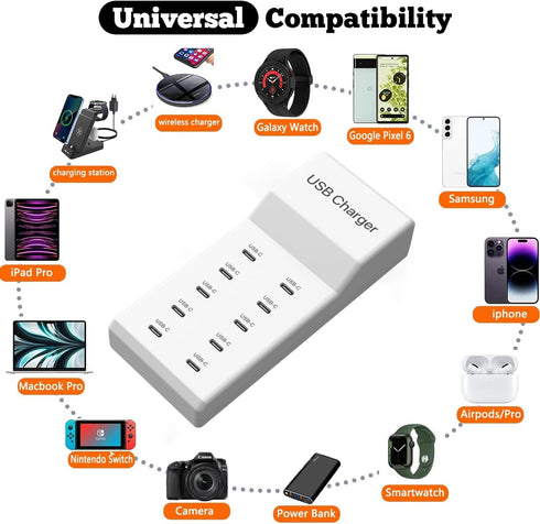 USB C Charger, 10 Ports USB Charging Station, 50W Multi-Port USB C Wall Charger for iPhone 15/14/13/12/iPad/Samsung S23