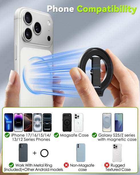 CloudValley 17 Max/16/15/14/13/12 Magnetic Phone Grip, Slim Rotating Finger Loop Ring Holder with Soft Strap