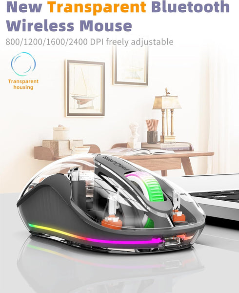 Wireless Bluetooth Transparent Mouse, 2.4GHz with USB & Type-C Receivers, Portable Silent Rechargeable Mice with RGB