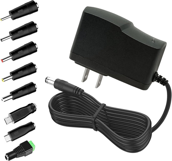 5V 2A Power Adapter 5Volt AC/DC 100-240V Converter with 8 Tips for Baby Monitor, Camera, TV Box, Speaker, US Plug