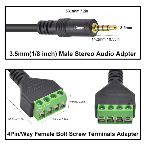 Poyiccot 2Pack 3.5mm Screw Terminal Block Cable, 3.5mm to Speaker Wire Adapter Cable, 30cm TRRS Stereo Male to 4