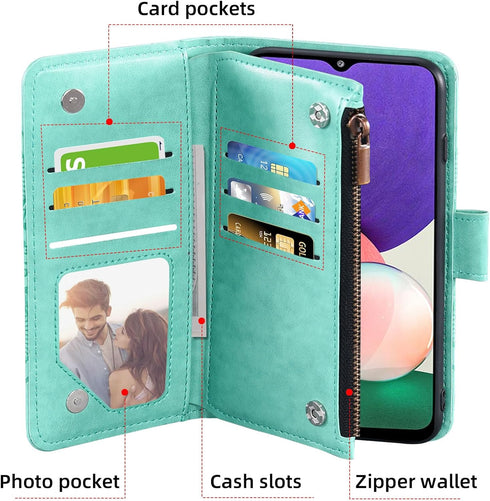 Asuwish Wallet Case for Samsung Galaxy A22 5G/Celero 5G - Flip Card Holder, Tempered Glass Protector, Green.