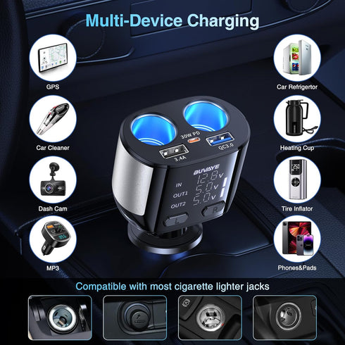 2 Sockets Cigarette Lighter Splitter with Large Voltmeter, BUVAYE 5 in 1 Fast Charge USB C Car Charger Adapter, Dual