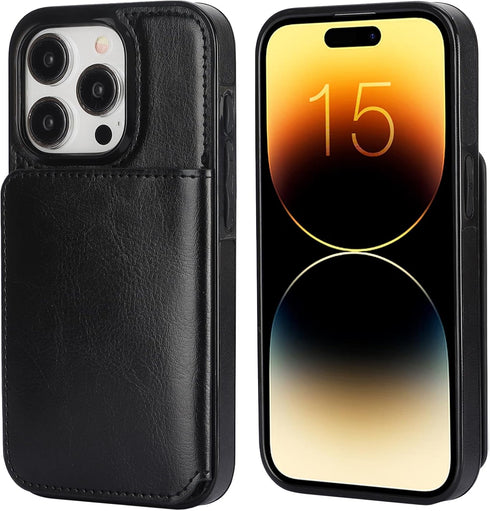 KIHUWEY iPhone 15 Pro Wallet Case with Credit Card Holder, Premium Leather Kickstand Flip Cover (Black)