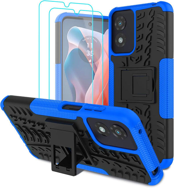 Moto G Play 2024 Case with 2 Pack Screen Protector, Heavy Duty Shockproof Bumper Cover with Kickstand (Blue)