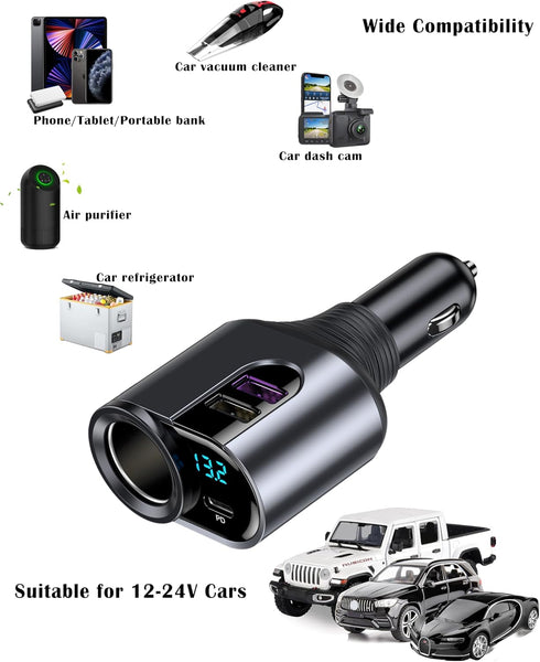 LIHAN Cigarette Lighter USB C Charger, 12V/24V Outlet Splitter with 3 USB Ports, LED Voltage, Compatible for iPhone