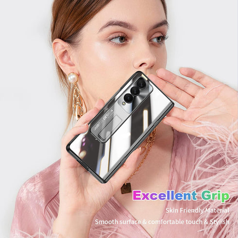 Galaxy Z Fold 4 Case with Hinge Protection and Kickstand - Transparent Clear Back with Built-in Screen Protector (Black)