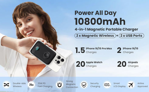 GKUTW Watch,10800mAh 25W QC4.0 Bank,4 Pack 17/Air/16/15/14/13/12 Magnetic Portable Charger for iPhone & Apple PD Fast