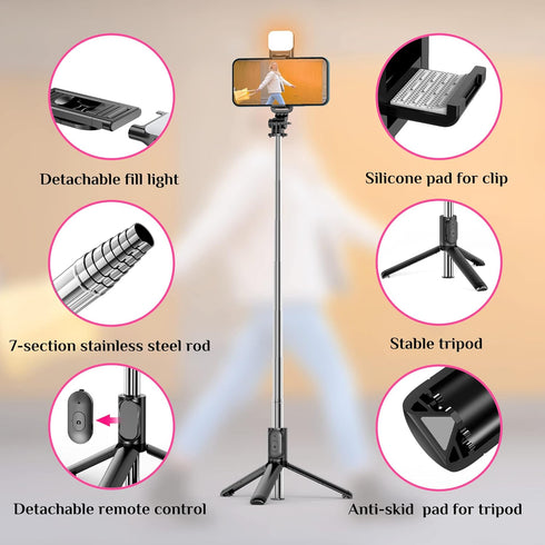 Selfie Stick Tripod with Fill Light, Extendable Selfie Stick with Detachable Wireless Remote, Flexible Phone Tripod