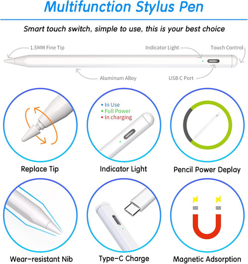 iPad Pencil 2nd Generation, Smart Stylus Pen Compatible with 2023 Apple iPad, White