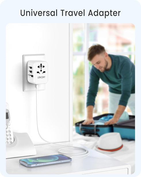 LENCENT Universal Travel Adapter, GaN III 30W International Charger with 2 USB & 3 Type-C Ports