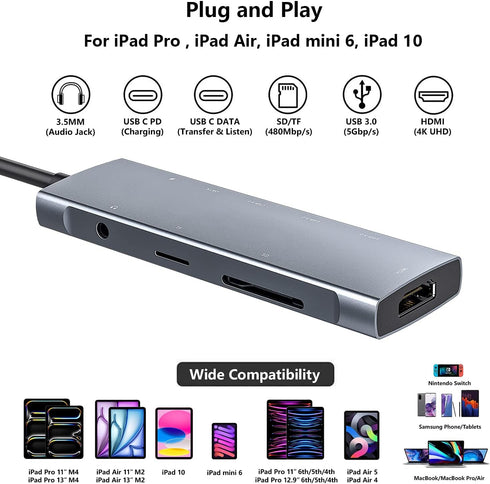 USB C HUB for iPad Pro 9-in-1 Adapter, Docking Station with 4K HDMI, USB-C PD, SD/TF Reader, for iPad Mini 6