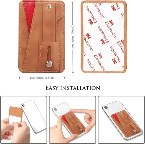 Dual Pockets Phone Wallet Stick On with Snap Closure, Adhesive Phone Card Holder for iPhone and Most Smartphones -