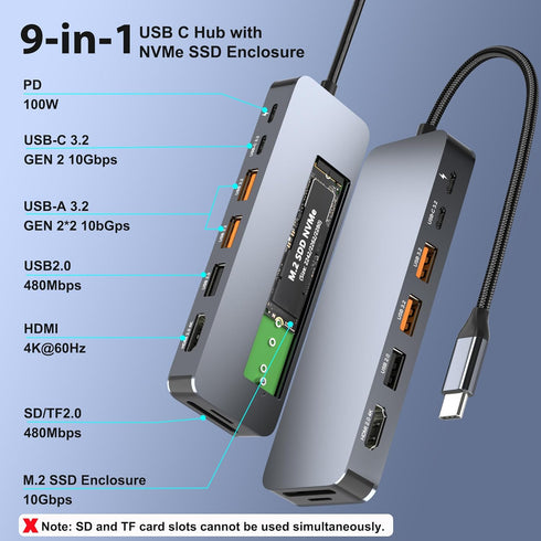 Buerlaseul M.2 10Gbps, 9 1 4K@60Hz 3.2 Gen2, PD100W, USB C Docking Station with NVMe SSD Enclosure in USB-C Hub, Type C