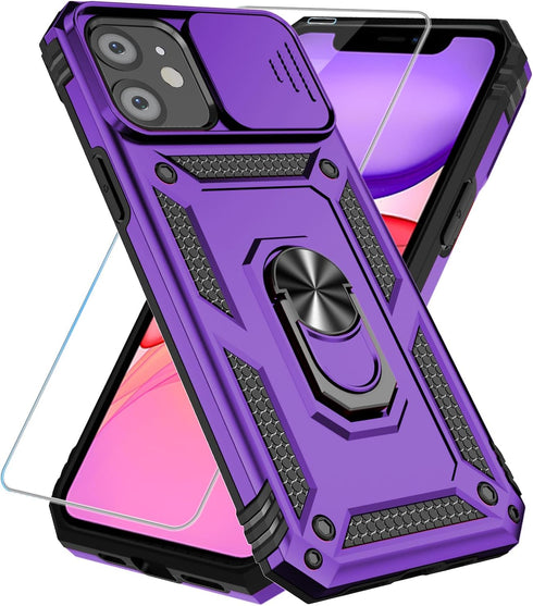 SunStory iPhone 11 Case (Purple) - Military-Grade, HD Screen Protector, Slide Camera Cover & Kickstand.
