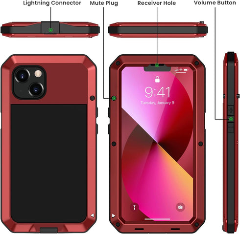 Lanhiem Metal Case for iPhone 13, Heavy Duty Shockproof Rugged Cover with Built-in Glass Screen Protector, Red