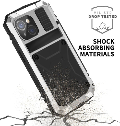 360 Full Body Heavy Duty Protection Case for iPhone 15 Plus, Rugged Aluminum Stan with Built-in Screen Protector, Silver