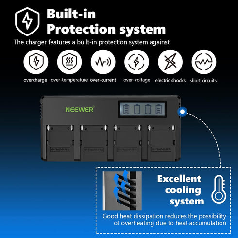 Neewer 4-Channel NP-F Battery Charger with LCD Screen & Power Adapter, Compatible with Sony NP-F550 F570 F750 F770