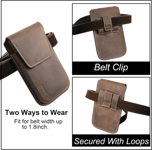 Gentlestache Darkbrown Leather Cell Phone Holster with Belt Clip, Flip Case for iPhone 14/13 Pro Max, Universal Pouch