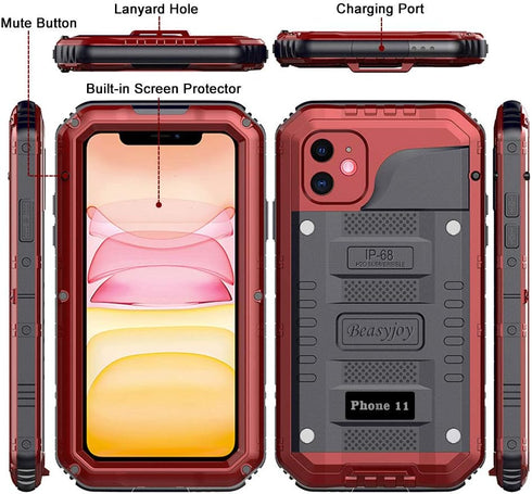 Beasyjoy Waterproof Metal Case for iPhone 11, Heavy Duty Built-in Screen Full Body Protective Shockproof Dustproof