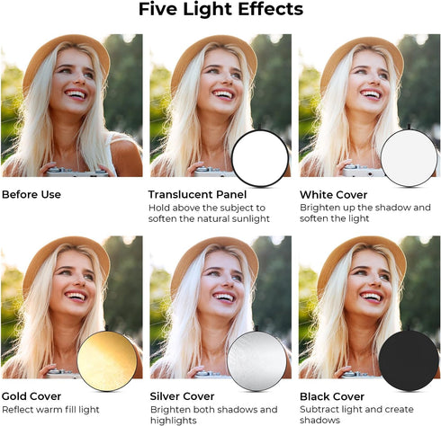K&F CONCEPT 5-in-1 22" (56cm) Light Reflector Photography Diffuser Collapsible Portable for Studio and Outdoor Lighting