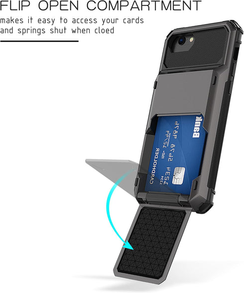 Asuwish Hybrid Phone Case for iPhone 7/8/SE 2020/2022, Gray, with Screen Protector & Credit Card Holder Slot.
