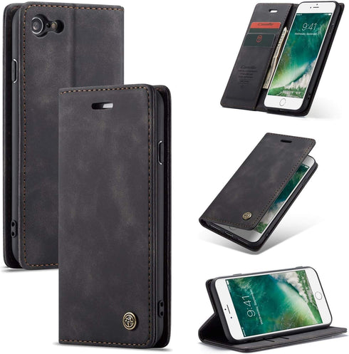SINIANL Leather Folio Case for iPhone 7/8, Kickstand Credit Card Holder with Magnetic Closure, Black