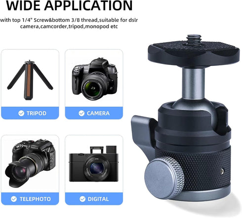 Mini Ball Head with 1/4" Screw, 3/8" Thread Mount Adapter, 360 Degree Rotatable Aluminum Tripod Head for DSLR, Max Load