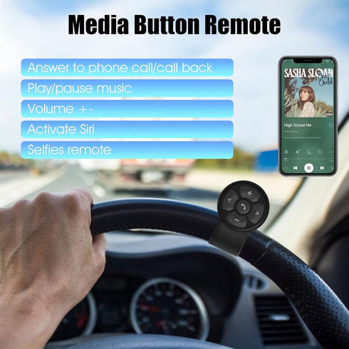 Bluetooth Media Button Steering Wheel Wireless Remote Control for Car Bike Motorbike Boat IPX6 Waterproof Compatible for iPhone Samsung Galaxy Any Android Device