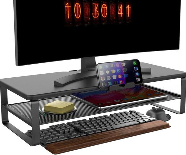 Monitor Stand with Drawer, 2-Tier Riser with Phone Holder and Cable Management, Desk Organizer Stand for Home & Office