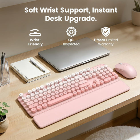 SABLUTE 2-Stage 2.4GHz Wireless Keyboard and Mouse Combo, Magnetic Soft-Touch Wrist Rest, Round Keycaps, Full-Size