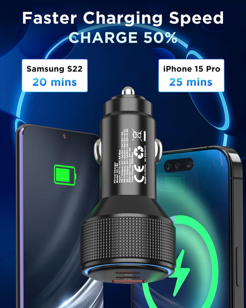 USB C Car Charger, 3-Port 66W Dual USB-C & USB-A Adapter with Fast Charging for iPhone 15/14/13, Samsung & More