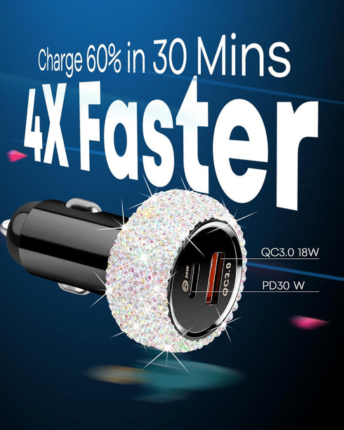 Bling USB C Car Charger, 48W PD + QC Dual Port Fast Charging Adapter with 3.2FT Cable