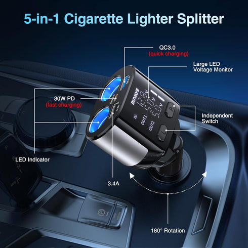 2 Sockets Cigarette Lighter Splitter with Large Voltmeter, BUVAYE 5 in 1 Fast Charge USB C Car Charger Adapter, Dual