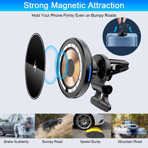 Magnetic Wireless Car Charger Mount, 15W Fast Charging Air Vent Holder for iPhone 15/14/13 Pro Max