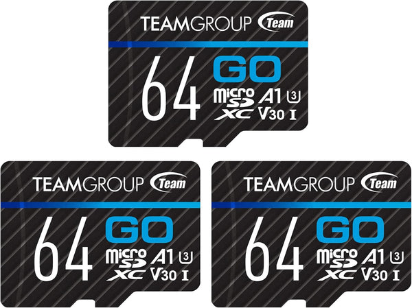 TEAMGROUP GO Card 64GB x 3 PACK Micro SDXC UHS-I U3 V30 for GoPro, Drone, Action Cameras, High Speed