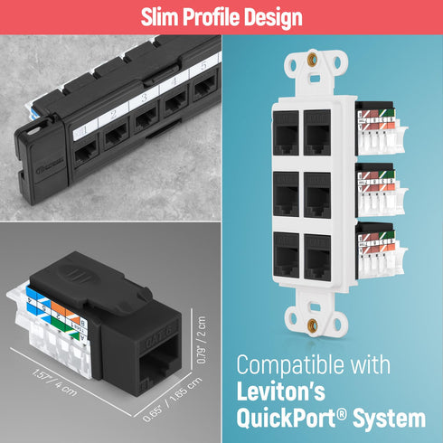 Everest Media Solutions 45° Angled CAT6 Keystone Jack in Black - Slim Profile RJ45 Connector - 10-Pack
