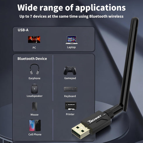 Techkey 5.4 500FT 5dBi 11/10/8.1, Headphones/Headset/Speaker/Mouse/Keyboard/Printer USB Bluetooth Adapter for Desktop
