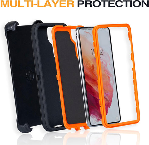 WallSkiN Heavy Duty Case for Galaxy S24 (6.2") Military Grade Drop Protection, Black/Black Holster with Clip Stand