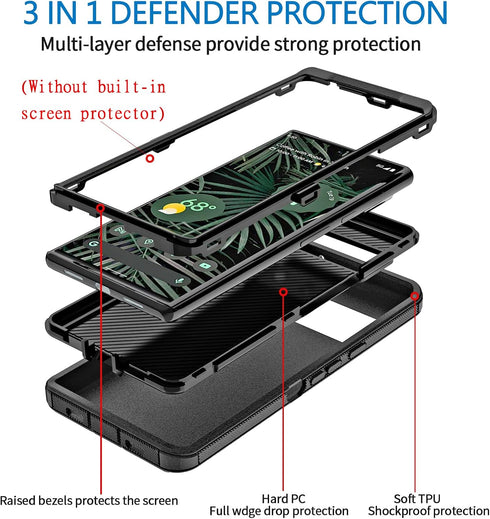 Anloes Case for Google Pixel 6, Heavy Duty Shockproof Dustproof Rugged Defender 3 in 1 Bumper Cover, Black