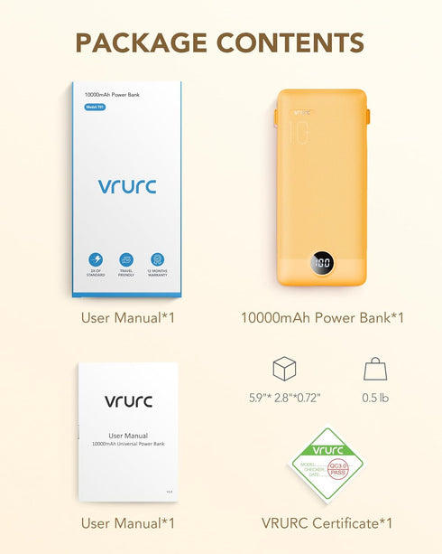 Portable Charger with Built-in Cables and AC Wall Plug, VRURC USB C Power Bank 10000mAh, Lightweight
