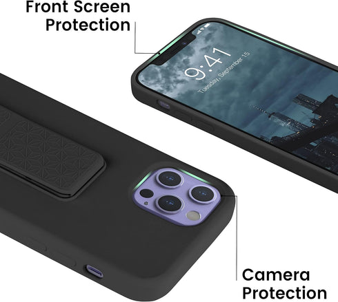 LAUDTEC Silicone Kickstand Case for iPhone 12/12 Pro, Flexible Soft Liquid Silicone Cover with Metal Hand Strap (Black)