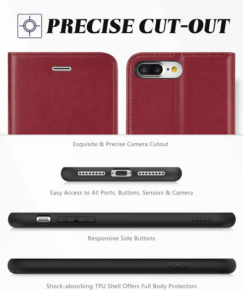TUCCH Wallet Case for iPhone 8 Plus/7 Plus, Dark Red Magnetic Closure with Card Slots Money Pouch, Stand PU Leather