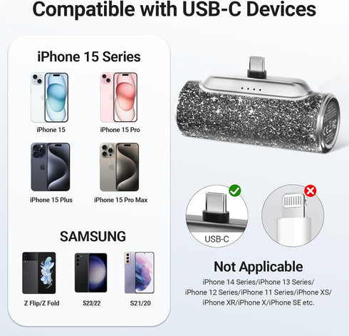Mini Portable Charger 4500mAh, USB C Small Power Bank, Bling Cute Battery Pack for iPhone 15/15 Plus/15 Pro/15 Pro Max,