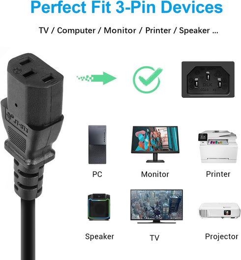 10FT Power Cord for Samsung LG Plasma Sanyo Philips Panasonic TV, 3 Prong Computer Power Cable