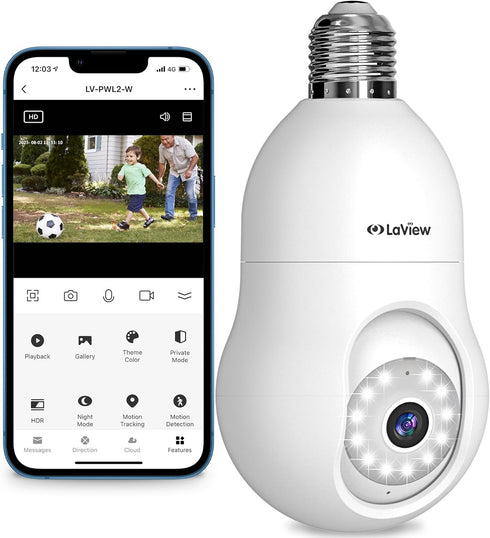 LaView 4MP Bulb Security Camera, 2.4GHz, 360° 2K Wireless Outdoor Indoor with Motion Detection and Audible Alarm