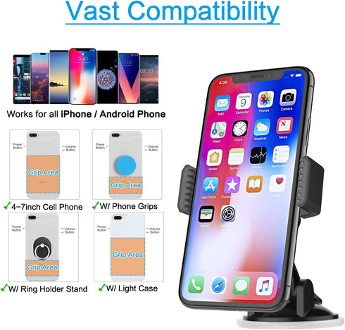 APPS2Car Adjustable Arm Suction Cup Phone Holder for Car, Low Profile Dashboard Mount Compatible w/All iPhone & Android