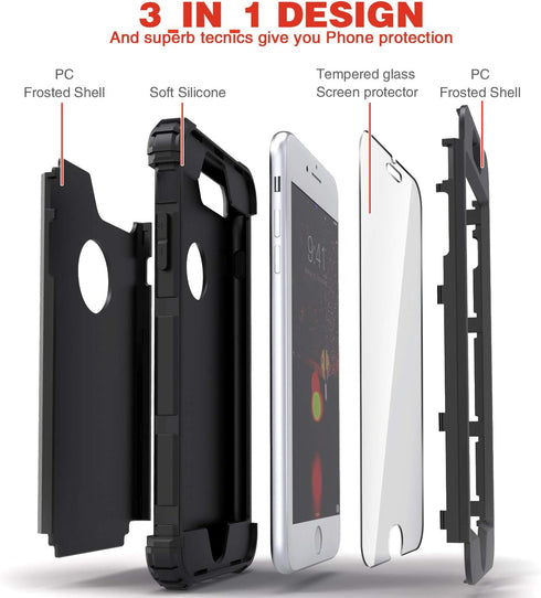 IDweel for iPhone 8 Plus Case, 3 in 1 Shockproof Slim Hybrid Heavy Duty Hard PC Cover with Tempered Glass Protector,